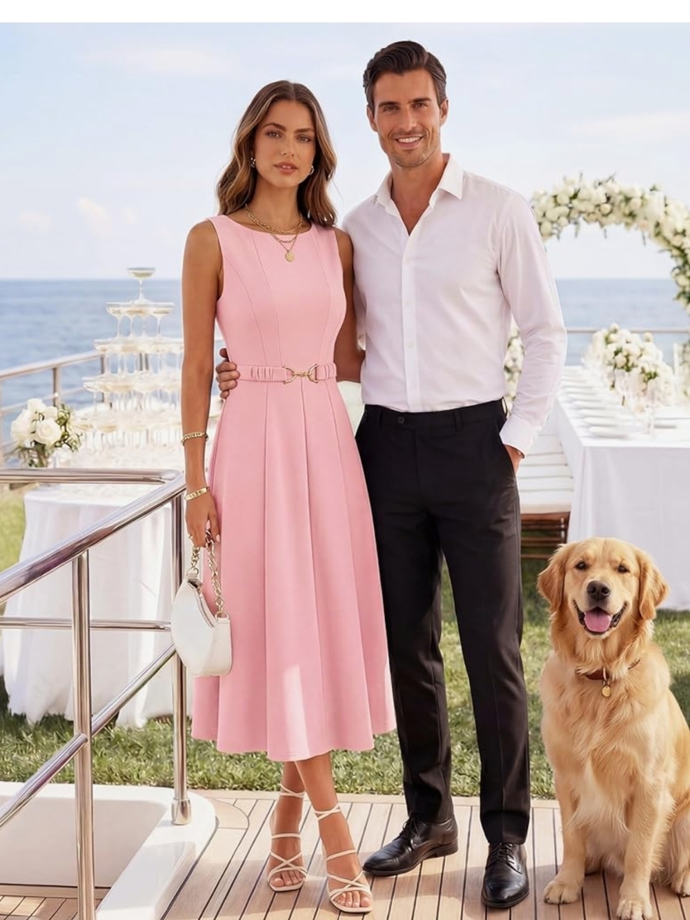 ZESICA - XL Elegant Sleeveless Pink Midi Dress with Belt - Picture 3 of 16